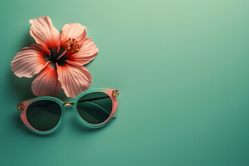 Wall Mural - sunglasses and pink flower lay on a green background, in the style of light teal and dark orange, minimalist backgrounds, organic designs, nature-inspired pieces, dark orange and beige, innovative pag