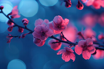 Poster - Pink cherry blossoms in the night. Bokeh and atmospheric lights. Background image. Created with Generative AI technology