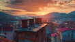 beautiful city views seen from the roof of the house. city ​​and sunset and mountains from far away