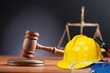 Hammer judge wooden gavel with construction helmet,