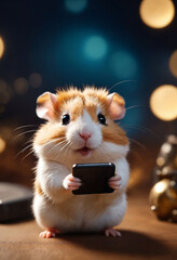 Wall Mural - Cute cartoon hamster using a smartphone