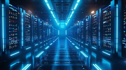 Blue neon futuristic data center