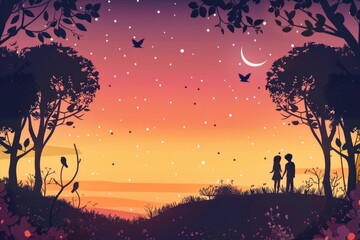 Cartoon cute doodles of a romantic sunset scene with silhouetted trees, a glowing sky, and two lovebirds watching from a hilltop, Generative AI