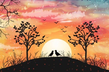 Cartoon cute doodles of a romantic sunset scene with silhouetted trees, a glowing sky, and two lovebirds watching from a hilltop, Generative AI