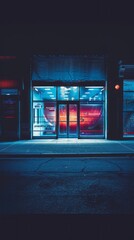 Aufkleber - Front view of the store from the outside with a banner on an empty storefront at night. Large Glass Automatic entrance doors of the shopping center with reflection showcase, lighting. Exterior.