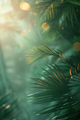 Poster - Tropical forest with mist, lights and bokeh. Background image. Created with Generative AI technology.