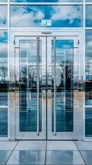 Aufkleber - Glass entrance door of a shopping center, store and office with cloud reflection and aluminum frame, showcase during the day. Exterior. Front view of the store from the outside.