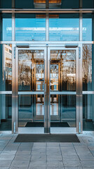 Aufkleber - Glass entrance door of shopping center, store and office with cloud reflection and metal frame, showcase during the day. Exterior. Front view of the store from the outside, the facade of the building
