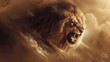 A lion is standing on a rock in front of a fiery background. The lion has its mouth open and is roaring. 