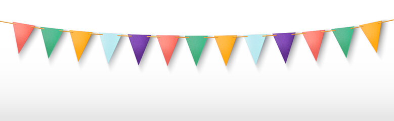 Party garland with triangle flags isolated on white background. Vector realistic illustration of birthday, anniversary, carnival decoration banner with dotted and striped color pennants on string