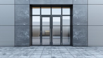 Aufkleber - A large glass door with a black frame is open to the street