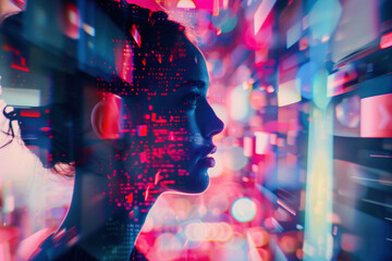 Poster - Digital Interaction. Hi-Tech futuristic background. Created with Generative AI technology.