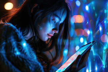Poster - Digital Interaction. Hi-Tech futuristic background. Created with Generative AI technology.