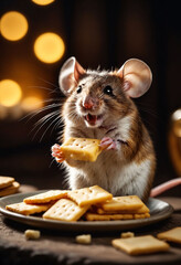 Poster - Smiling Cartoon Mouse Enjoying a Feast of Cheese and Crackers