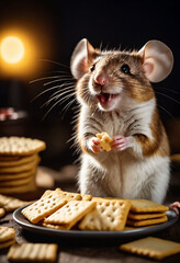 Poster - Smiling Cartoon Mouse Enjoying a Feast of Cheese and Crackers