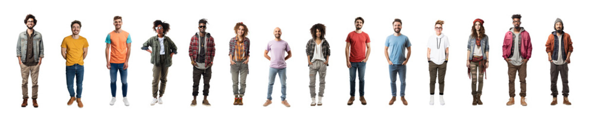 Group, collection of young people adult people. Various men and women isolated on transparent background