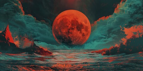 Canvas Print - A large red sun is reflected in the water