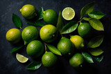 Fototapeta  - Lime background top view ai generated. Limes with leaves, branch and slices on dark background. Generative AI.