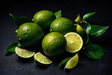 Fototapeta  - Lime with leaves top view macro ai generated. Limes with slice, wedge, leaf and branch on dark background. Black background. Generative AI.