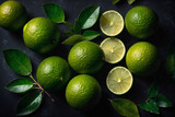 Fototapeta  - Lime top view macro ai generated. Limes with leaves on dark background. Lime above with leaves and slices. Generative AI.