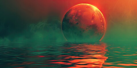 Sticker - A large red sun is reflected in the water