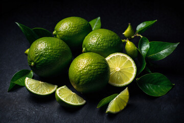 Wall Mural - Lime with leaves top view macro ai generated. Limes with slice, wedge, leaf and branch on dark background. Black background. Generative AI.