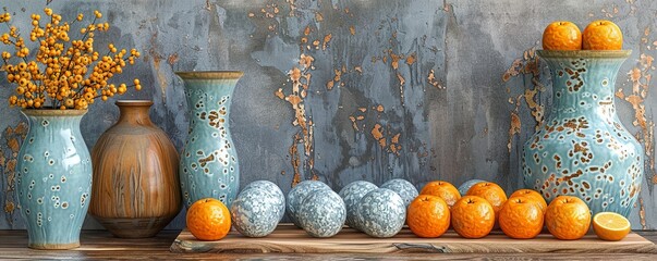 Wall Mural - A cutting board with an orange on it next to a vase