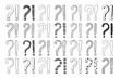 Doodle question and exclamation marks hand drawn sketch vector illustration set. Collection of various exclamation and question attention, asking, doubt and warning punctuation freehand scribbles.