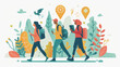 © Nano Photos - Illustration of two hikers with backpacks walking among stylized plants, with symbols suggesting adventure and discovery in nature.