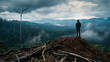 Standing atop a pile of felled trees, a person gazes out over a dense, misty rainforest, symbolizing the human impact on natural ecosystems.