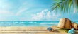 Summer tropical beach background with beach accessories on wooden, blue sky and sea in the background with copy space