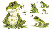 A Frog Catching Flies, Different Angles, Character Sheet, In The Style Of Children's Book Illustration