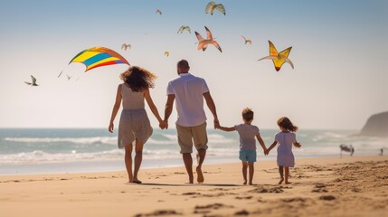 A man and two children happily fly kites on the beach under a clear blue sky