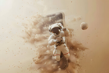 Wall Mural - astronaut coming out of giant phone screen with the beige stars and dust
