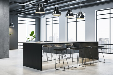 Poster - Clean kitchen interior with table, chairs and panoramic windows with city view.. 3D Rendering.