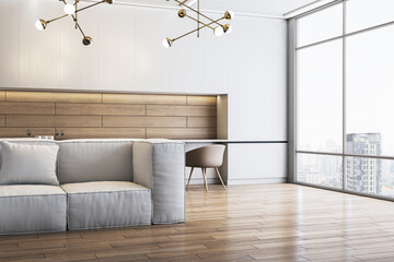 Poster - Modern wooden and concrete kitchen interior with window and city view, couch, table and chairs. 3D Rendering.