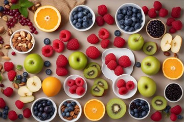 Wall Mural - 'ingredients healthy breakfast meals raspberries blueberries nuts orange bananas grapes blue green apples kiwi top view apple assorted background banana berry bio blueberry cereal cookery delicious'