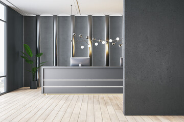 Poster - Modern concrete office reception with blank mock up place on wall, desk, decorative plant and computer monitors, wooden flooring. 3D Rendering.