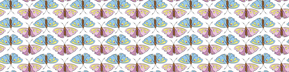 Vector seamless pattern of pink and blue cute butterflies in flat style. Cute cartoon beautiful insects. Texture on theme of nature, spring, summer, children print, isolated