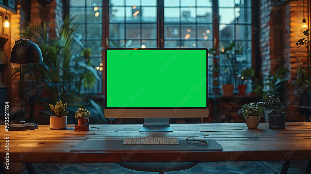 Computer all-in-one with a blank screen front in industrial loft office ...