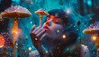 Woman high on magical psychedelic mushroom in forest. Generative ai design concept art.