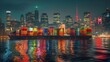 A colorful shipping cargo containers on a large ship entering a port in big city at night
