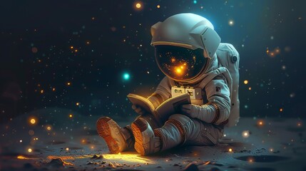 a cute little astronaut sitting and reading a book, miniature astronaut reading a book