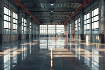 Wall Mural - A large empty modern warehouse, Modern industrial warehouse with natural light