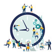 Creative team with big analog clock. Business concept, businessman. Teamwork in new business development. People are isolated, self-employed. Active recreation, work, creative idea.Vector illustration