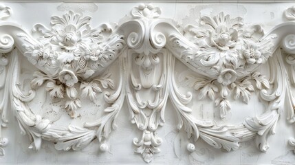 Sticker - Ornate white plaster relief on wall. Classical architecture detail.