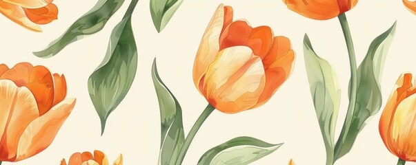 Wall Mural - A seamless pattern of orange tulips with green leaves