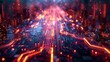 An artistic depiction of a motherboard with data visualized as glowing neon pulses traveling along the copper tracks.
