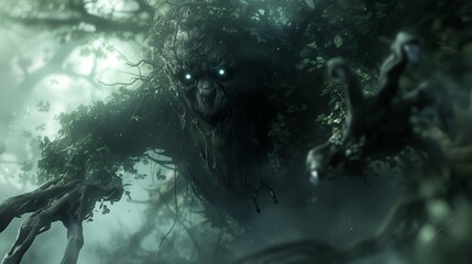 A hulking, shadowy figure with glinting claws and piercing eyes, emerging ominously from the twisted foliage of a dark forest.