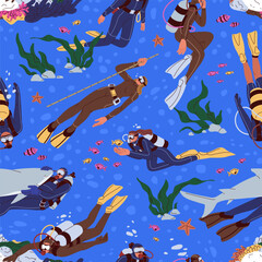 Poster - Seamless pattern, divers under water. Scuba diving in sea, repeating print. People in aqualung swimming underwater, endless background for fabric, textile, wrapping design. Flat vector illustration